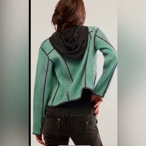 Free People FP‎ One Tavi green Quilted zip front black hoodie Jacket size XS new